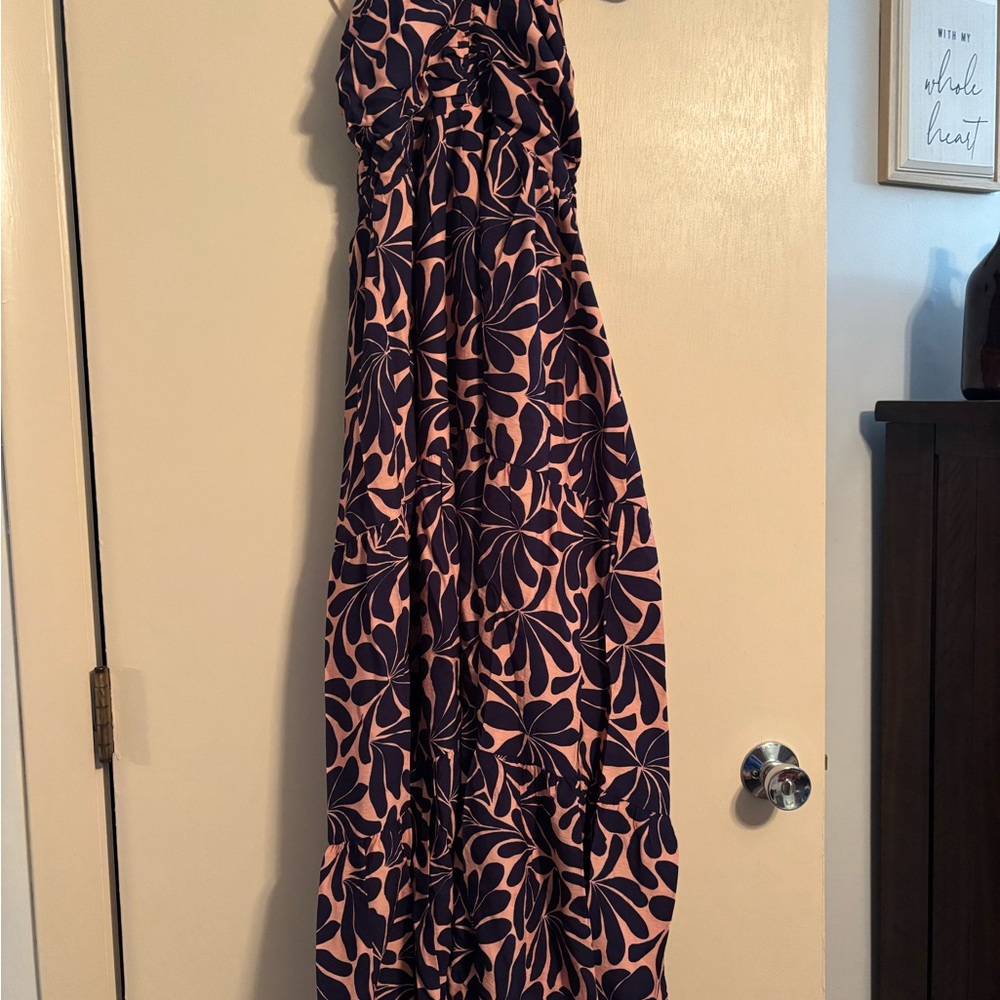 Pink and Navy Floral Halter Maxi Dress